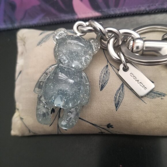 NWOT Coach Signature Teddy Bear Keychain Bag Charm Blue Silver Glitter Keyring - Picture 2 of 5